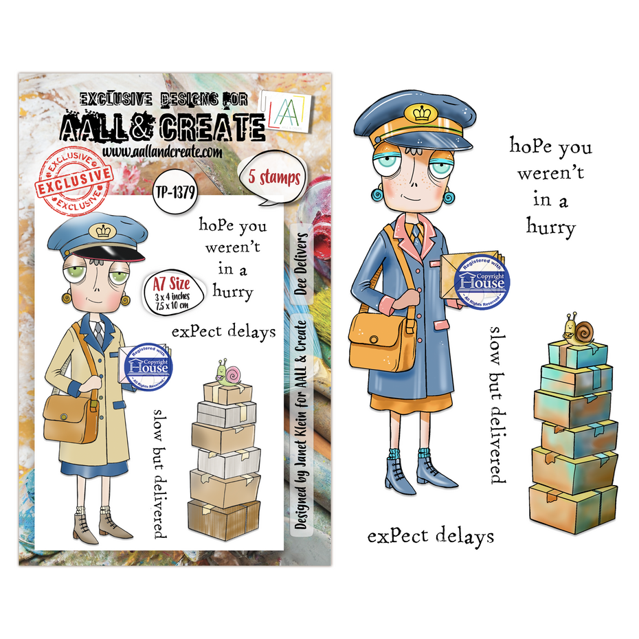 AALL & Create - Post & Ink A7 Stamp Sets Dee Delivers by Janet Klein