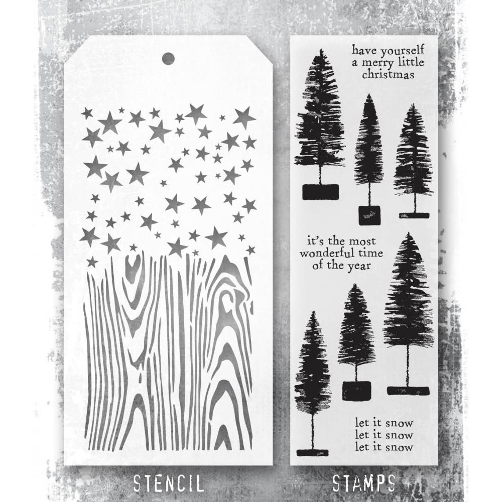 Tim Holtz Mixed-Media Stamps & Stencil Set -   Bottlebrush Trees