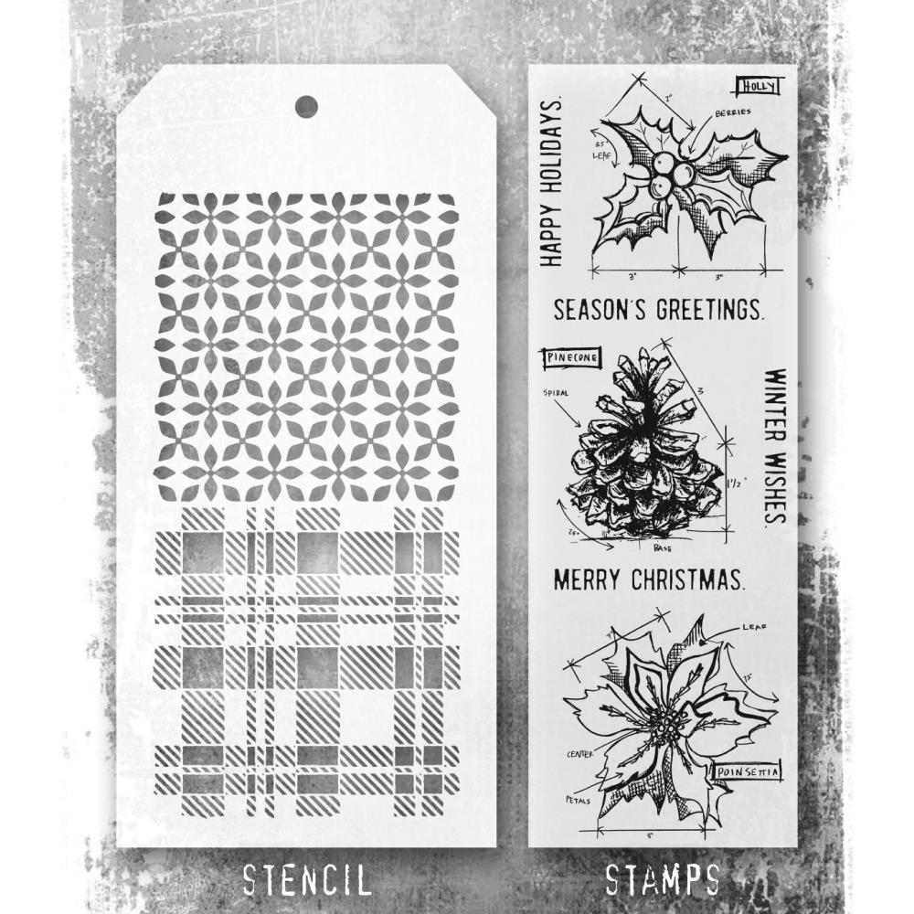 Tim Holtz Mixed-Media Stamps & Stencil Set THMM192: Blueprint Christmas 2, Plaid, Nordic