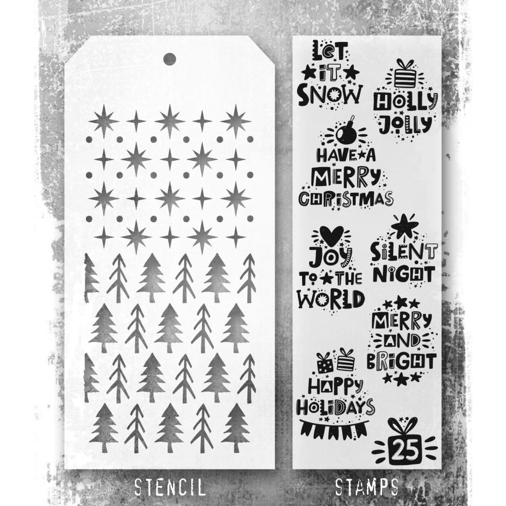 Tim Holtz Mixed-Media Stamps & Stencil Set THMM188: Holiday Whatnots, Starry, Pines