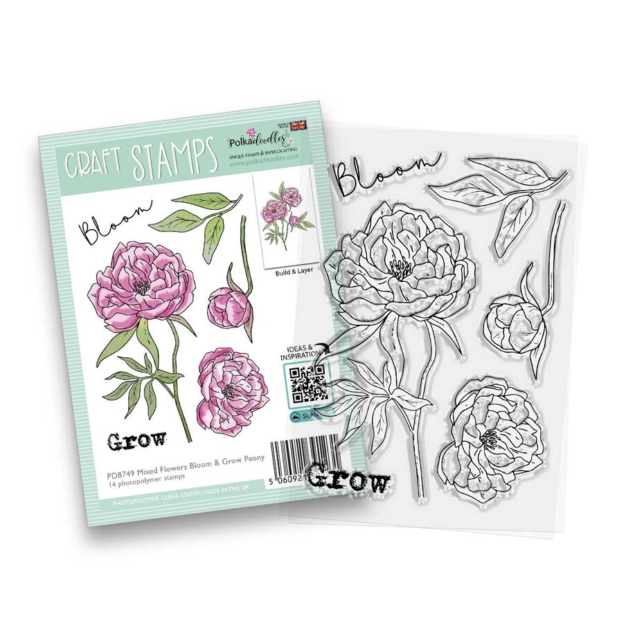 Polkadoodles - Mixed Flowers Bloom & Grow Peony Craft Stamps (14pcs)