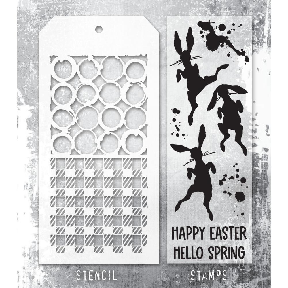 Tim Holtz Mixed-Media Stamps & Stencil Set -  Bunny Hop