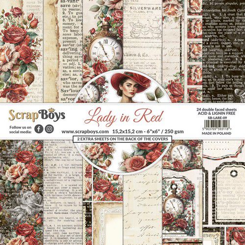 ScrapBoys Lady in Red paperpad 24 vl+cut out elements  6x6" 