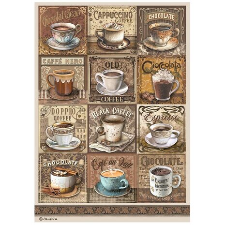 Stamperia - Coffee and Chocolate A4 Rice Paper Tags with Cups