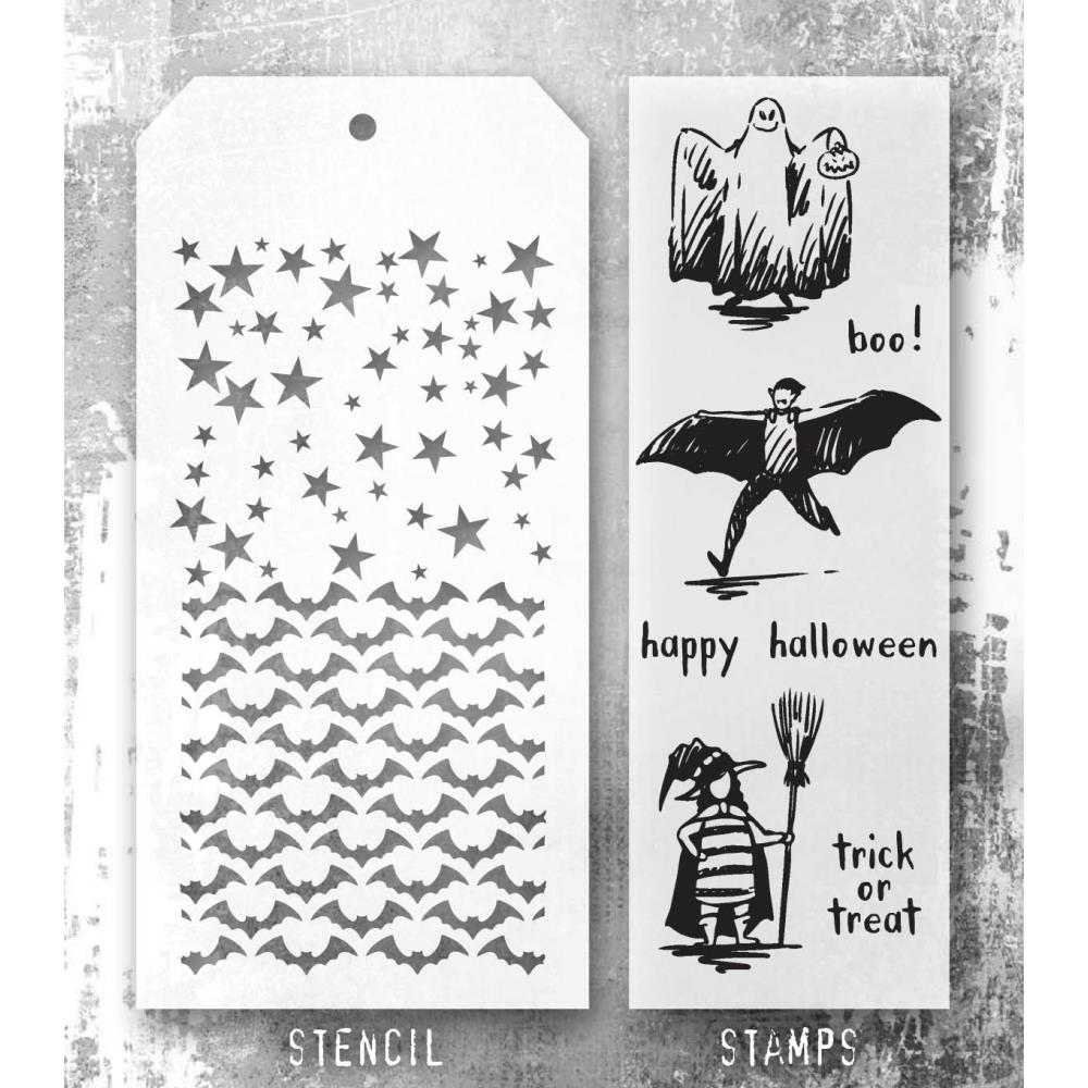 Tim Holtz Mixed-Media Stamps & Stencil Set -   Trick Or Treat 