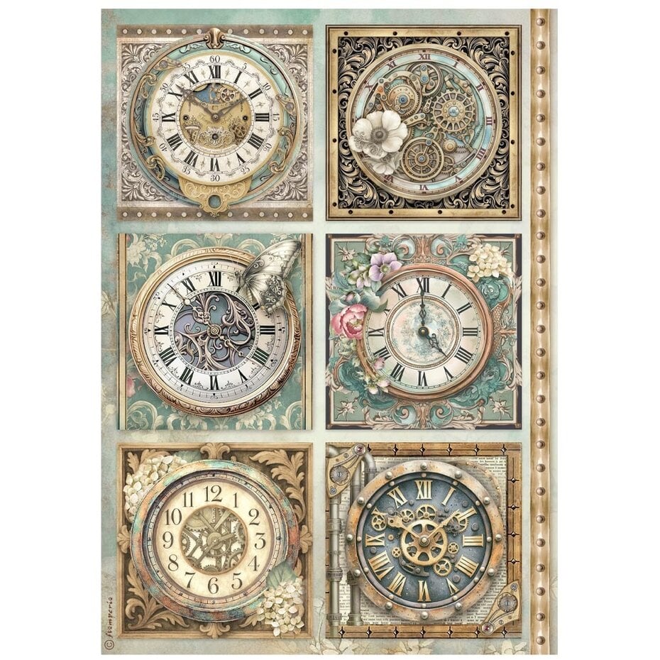 Stamperia - Gardens of Time A4 Rice Paper 6 Clocks (6pcs) by Antonis Tzanidakis
