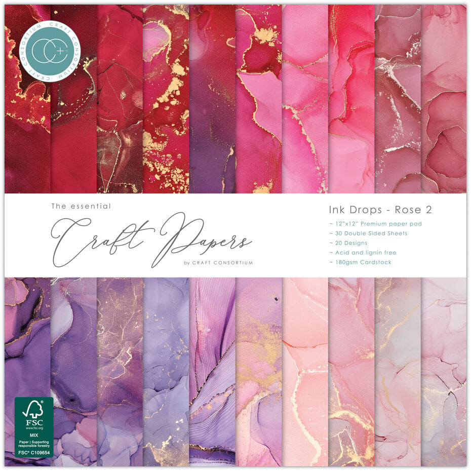 Craft Consortium - Essential Craft Papers 12x12 Inch Paper Pad Ink Drops Rose 2