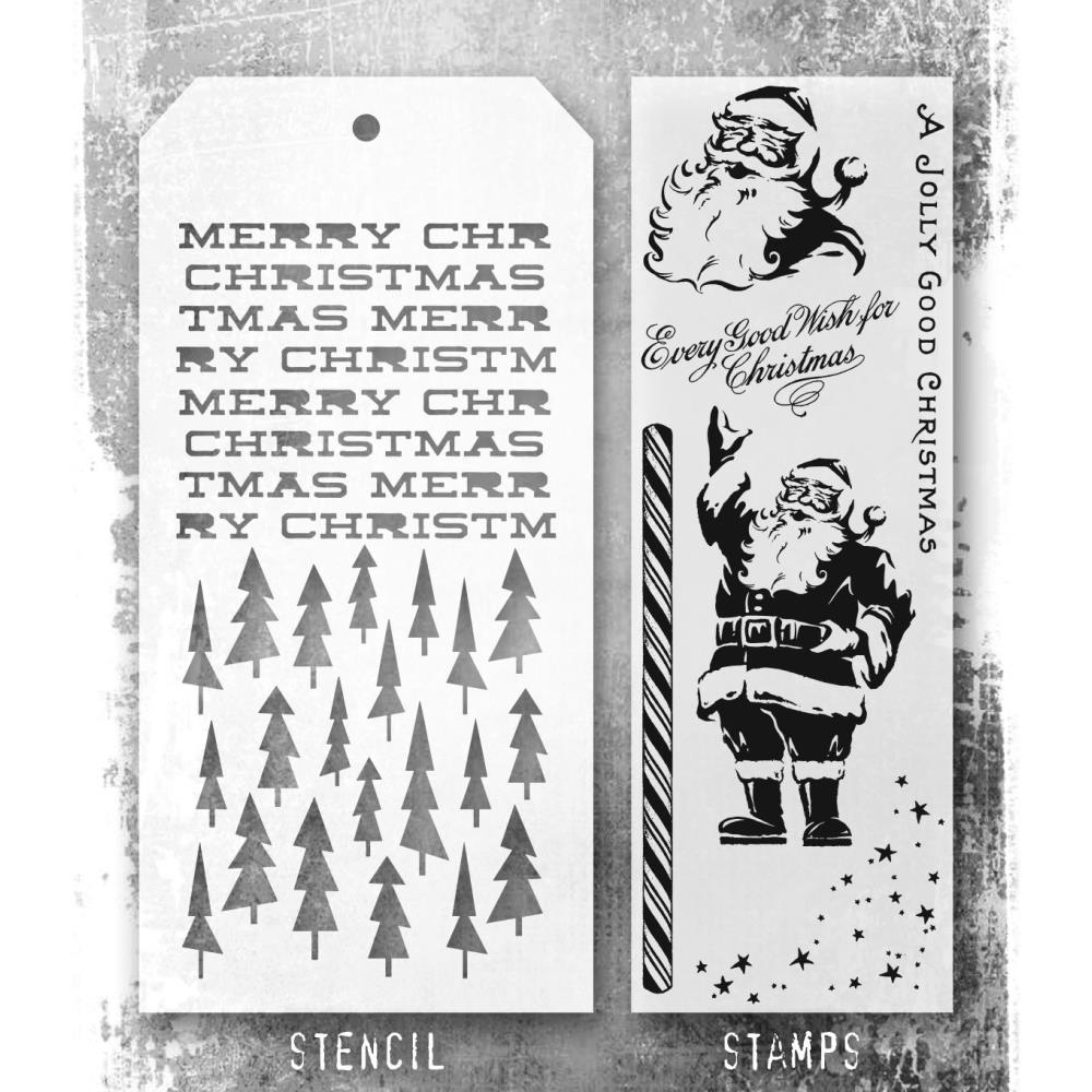 Tim Holtz Mixed-Media Stamps & Stencil Set THMM189: Jolly Holiday, Tree Lot, Merry Christmas