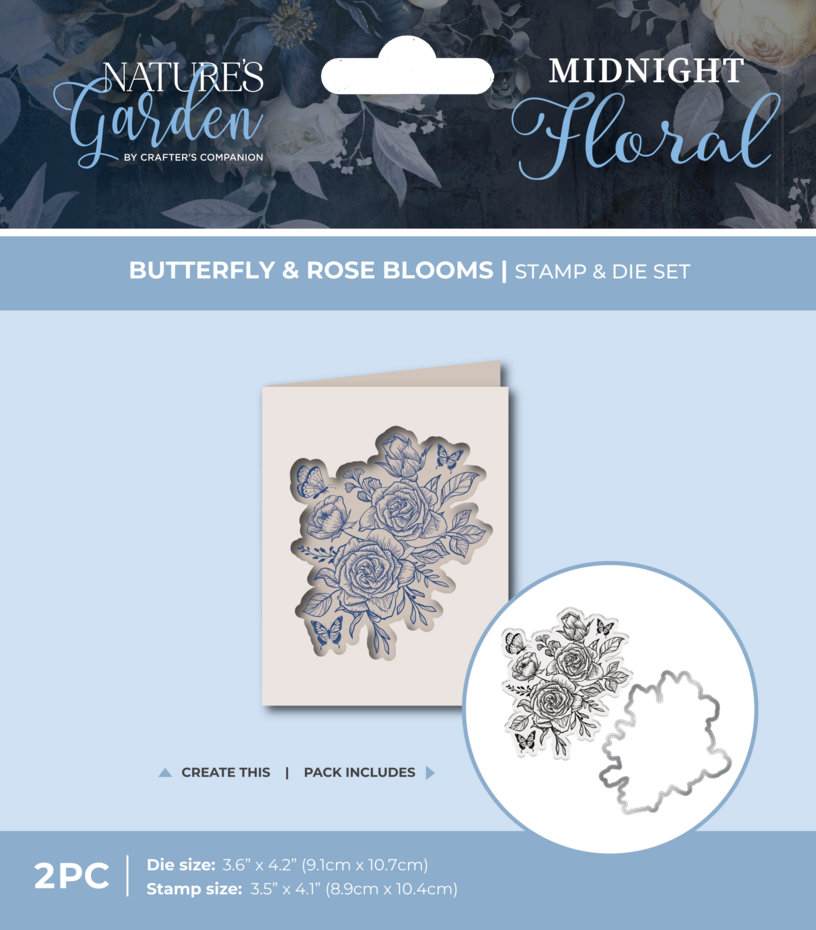 Crafter's Companion - Midnight Floral Stamp & Die Butterfly & Rose Blooms