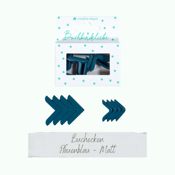  Buchecken - Pfauenblau - Matt - Buchbindeliebe - 8 Stück 