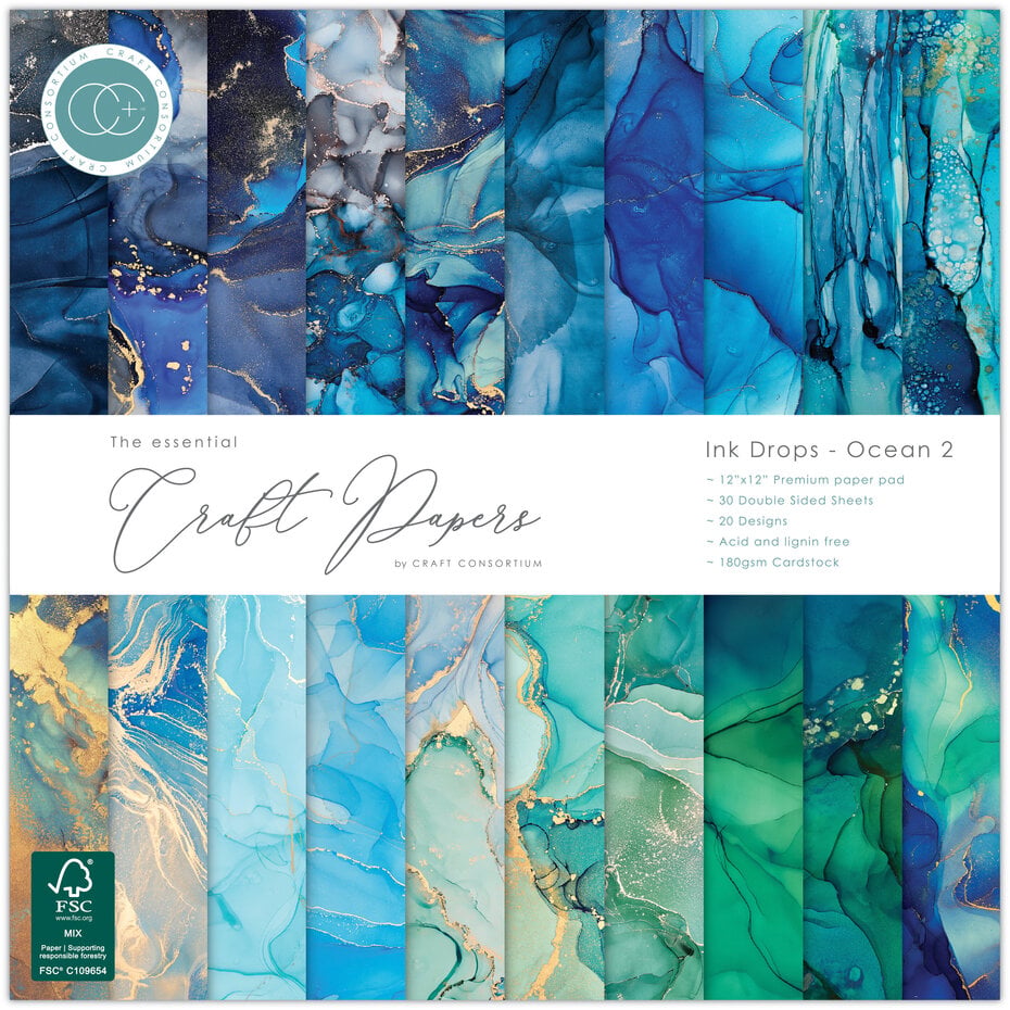 Craft Consortium - Essential Craft Papers 12x12 Inch Paper Pad Ink Drops Ocean 2
