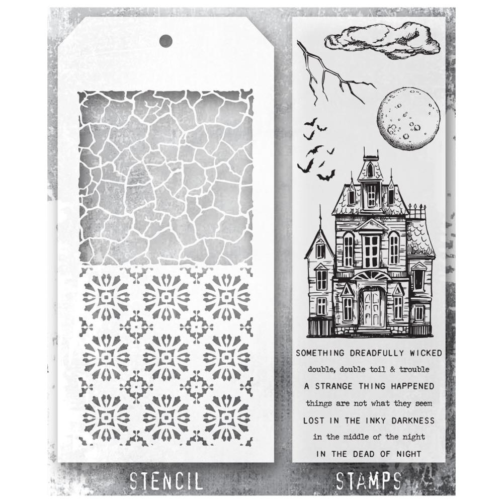 Tim Holtz Mixed-Media Stamps & Stencil Set THMM149: Sketch Manor, Rosette and Crackle