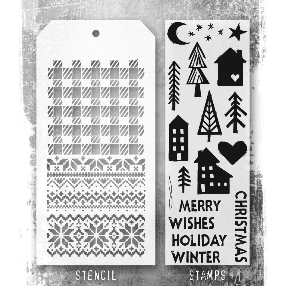 Tim Holtz Mixed-Media Stamps & Stencil Set THMM187: Festive Print, Holiday Knit, Gingham