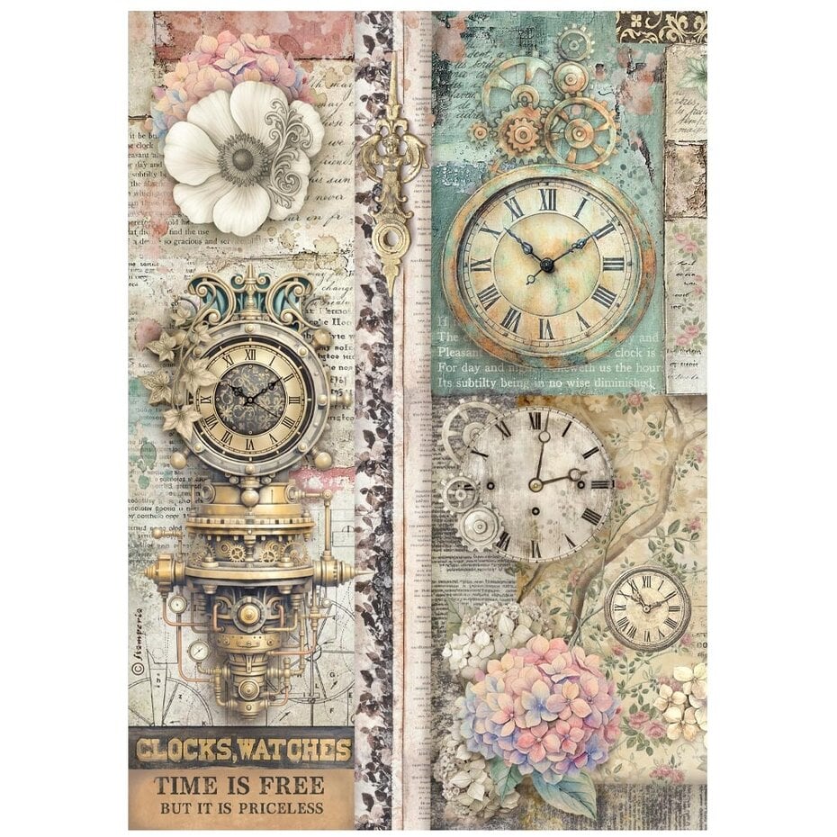 Stamperia - Gardens of Time A4 Rice Paper Clocks Time is Free (6pcs) by Antonis Tzanidakis