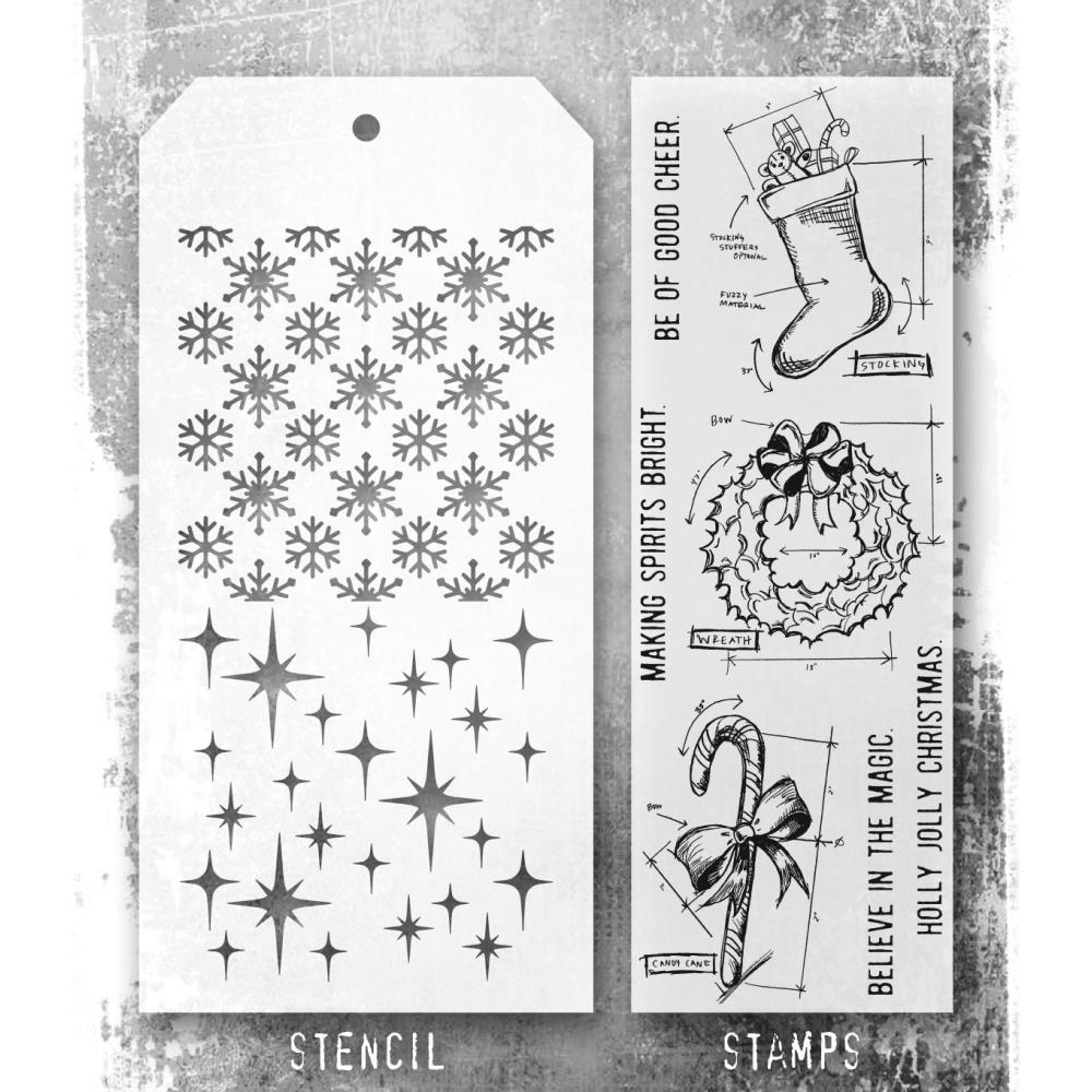 Tim Holtz Mixed-Media Stamps & Stencil Set THMM191: Blueprint Christmas 1, Twinkle, Flurries