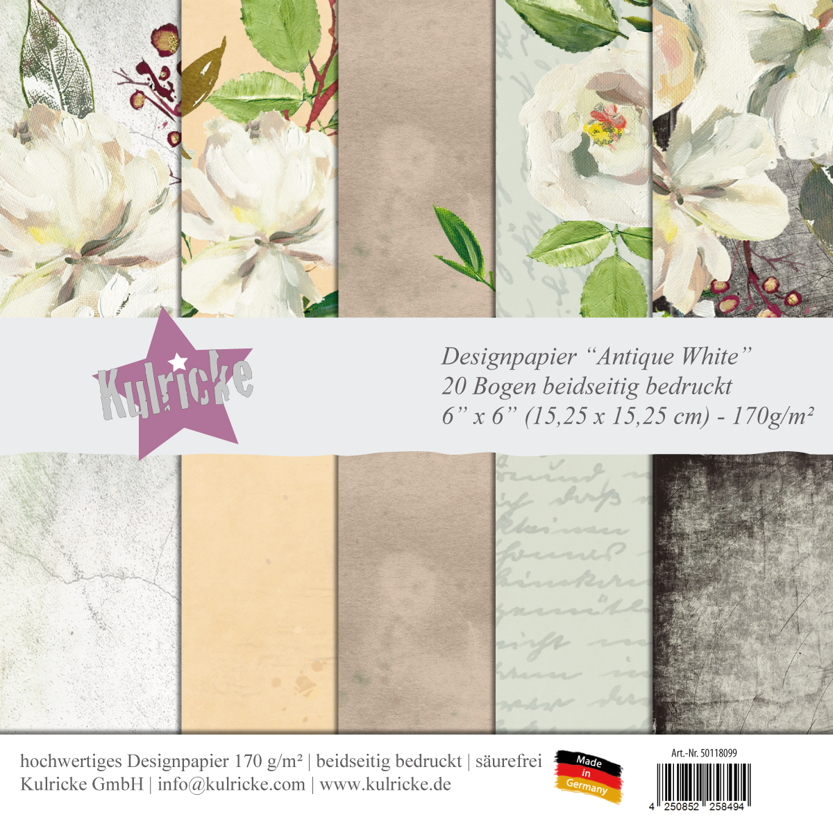 Kulricke - Designpapier "Antique White" 6x6" 20 Bogen beidseitig