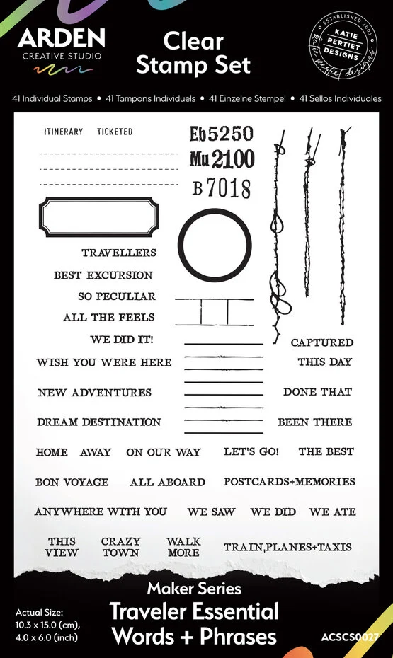 Arden Creative Studio - Maker Series 4x6 Inch Clear Stamp Set Traveler Essential Words+Phrases by Katie Pertiet