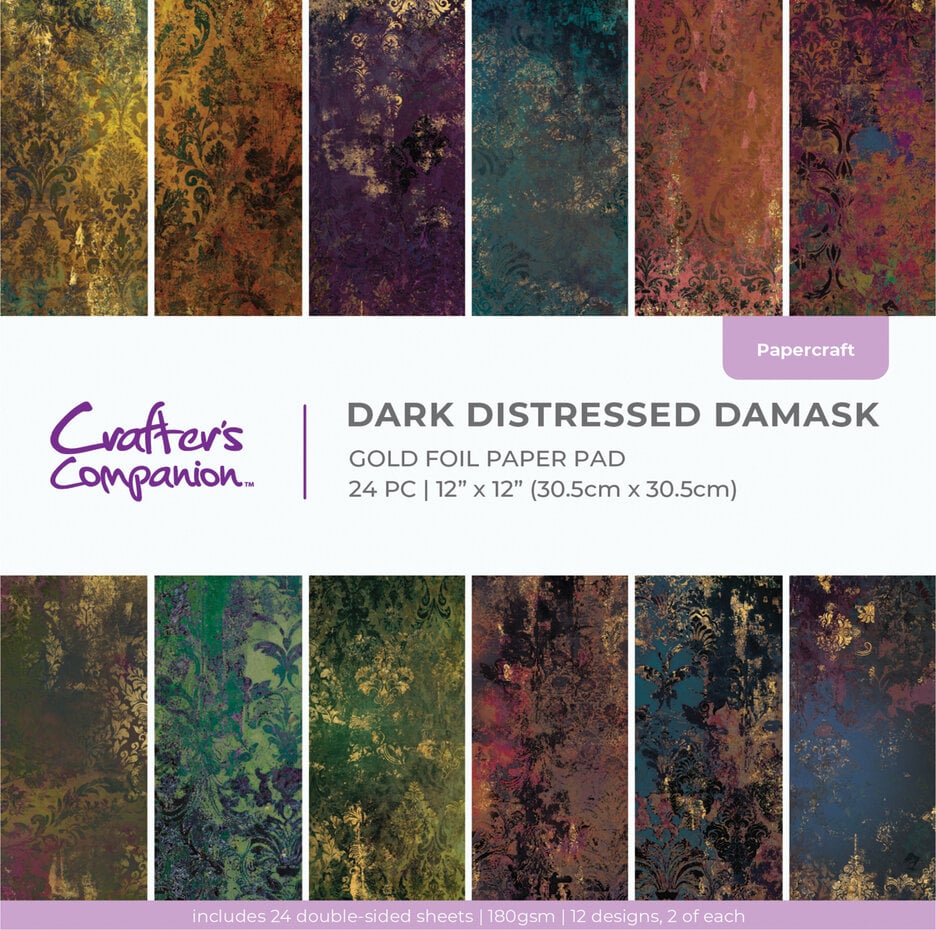 Crafters Companion - Dark Distressed Damask 12x12 Inch Gold Foil Paper Pad