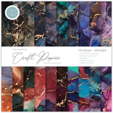 Craft Consortium - Essential Craft Papers 8x8 Inch Paper Pad Ink Drops Midnight