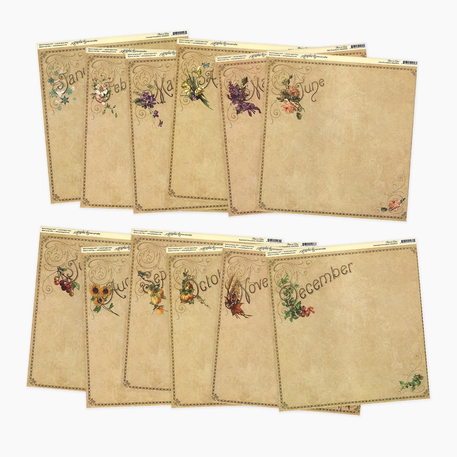 Graphic45 • Calendar Scrapbookpapier Assortiment 30,5x30,5cm 12pcs