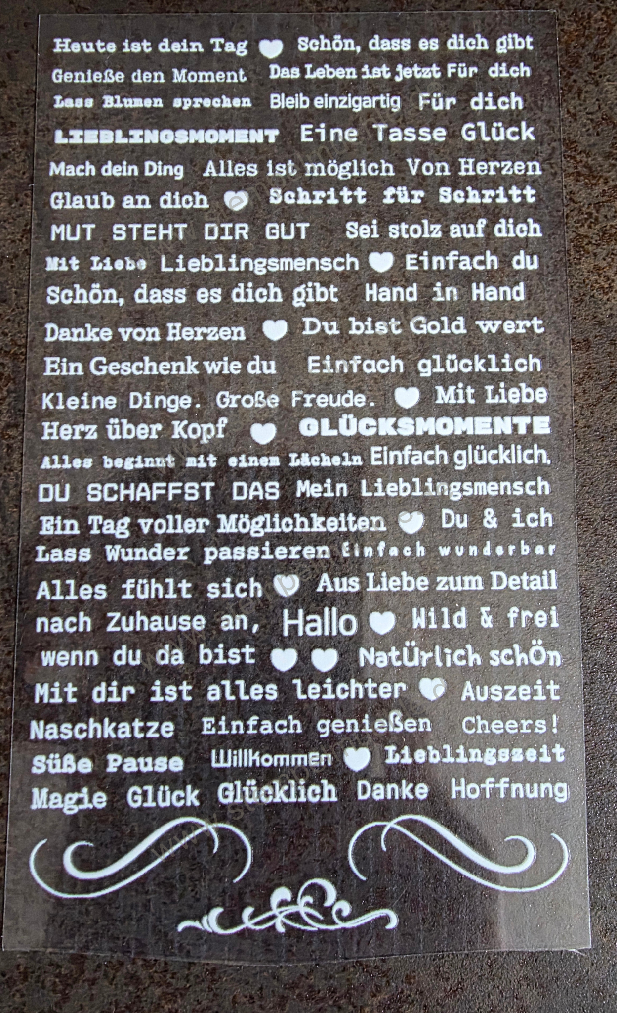 Stempelmühle - UV DTF Rub-On Aufkleber - Text allgemein weiß
