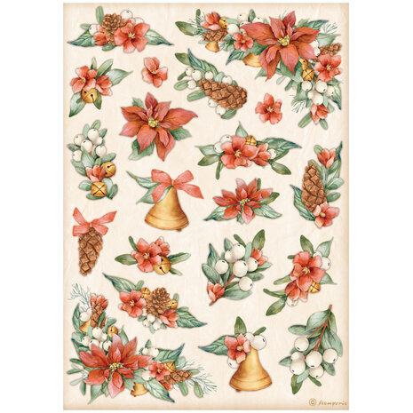 Stamperia - All Around Christmas A4 Rice Paper Poinsettia and Bells