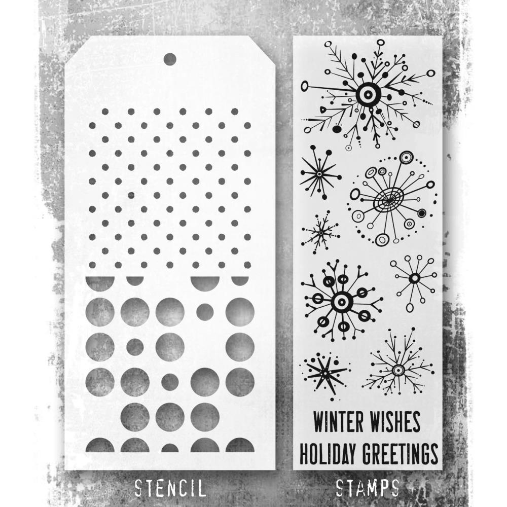 Tim Holtz Mixed-Media Stamps & Stencil Set THMM185: Retro Flakes, Spots, Polkadot