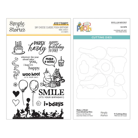 Spellbinders - Make a Wish! Clear Stamps & Dies Bundle from the Say Cheese Classic Pooh Birthday Collection by Simple Stories 