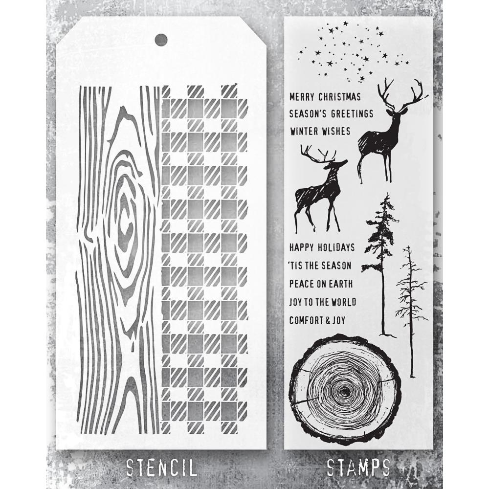 Tim Holtz Mixed-Media Stamps & Stencil Set THMM157: Great Outdoors, Woodgrain and Gingham