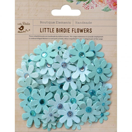 Assort. Fleurs en papier pailletees & strass turquoise (80 p