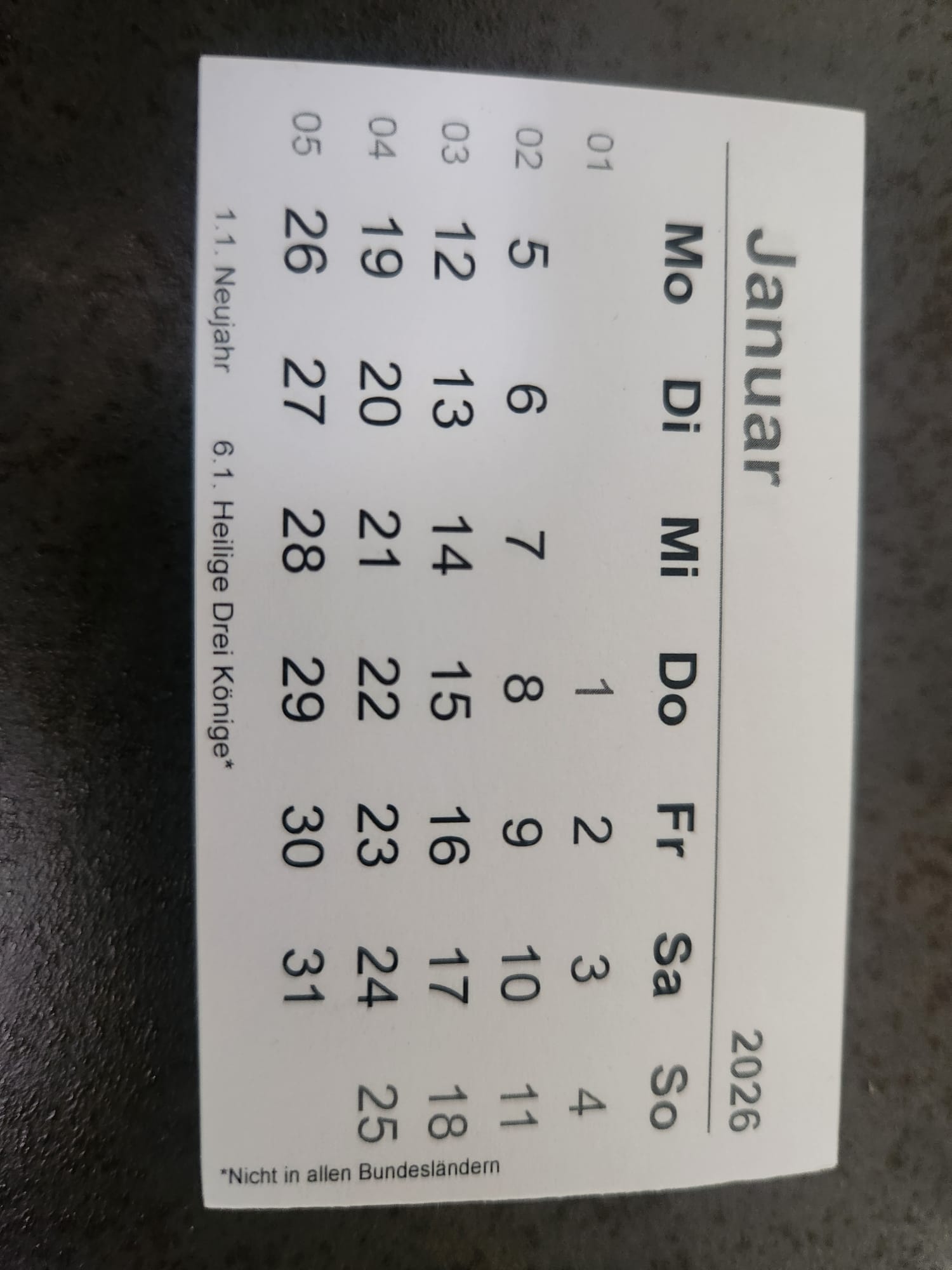 Mini-Kalender 2026 Deutsch 7,5cm x 4,5 cm