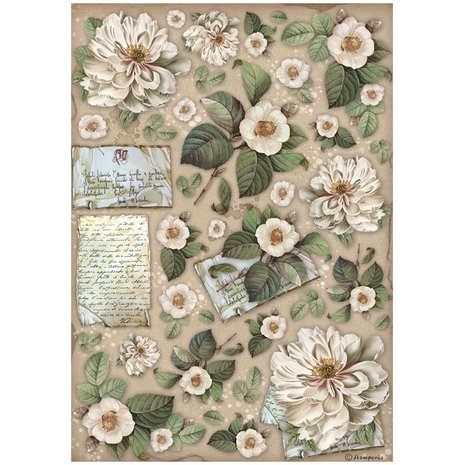 Stamperia - Vintage Library A4 Rice Paper Flowers and Letters
