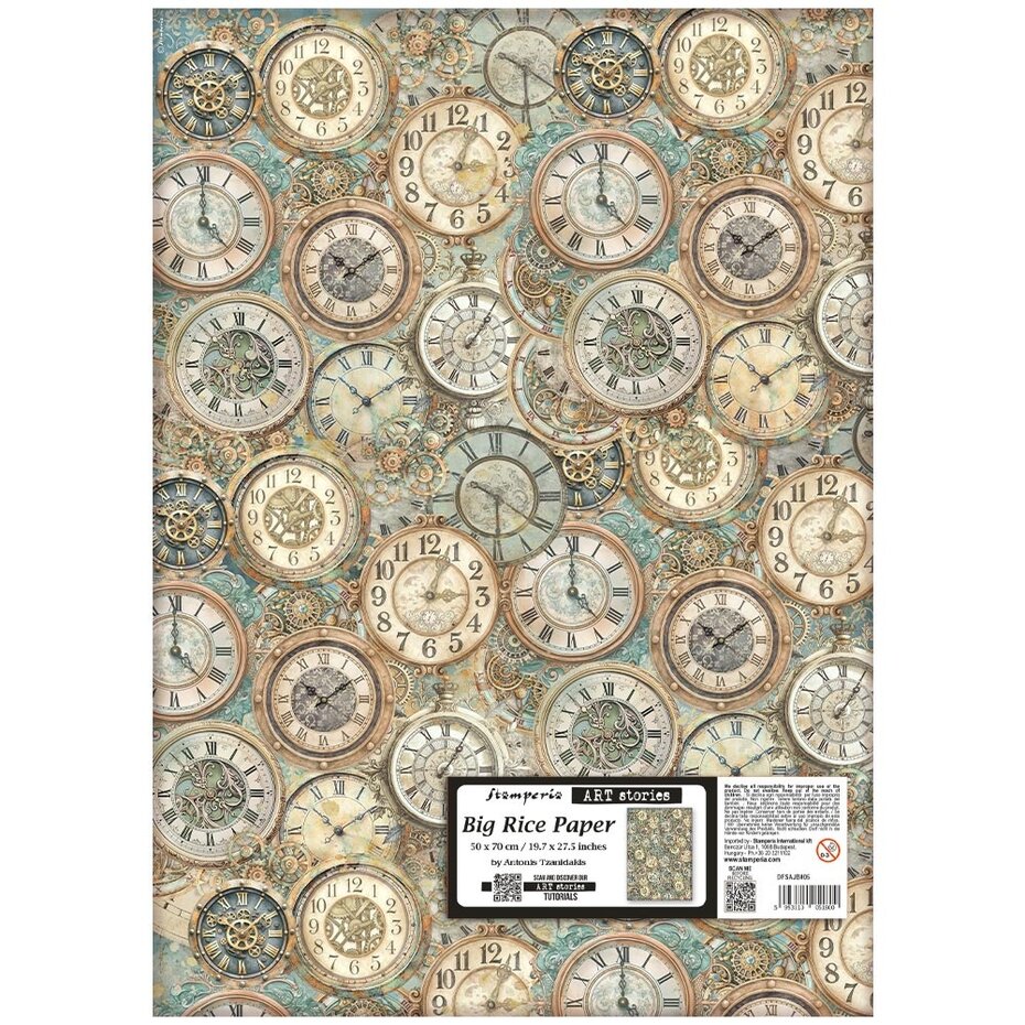 Stamperia - Art Stories 50x70cm Big Rice Paper Clocks Pattern by Antonis Tzanidakis