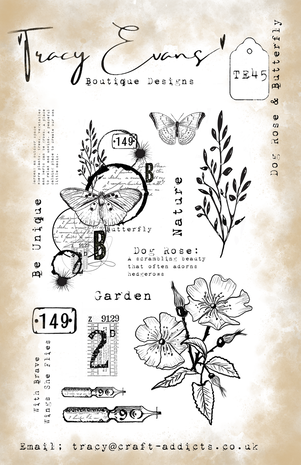 Tracy Evans - Dog Rose & Butterfly A5 Stamp