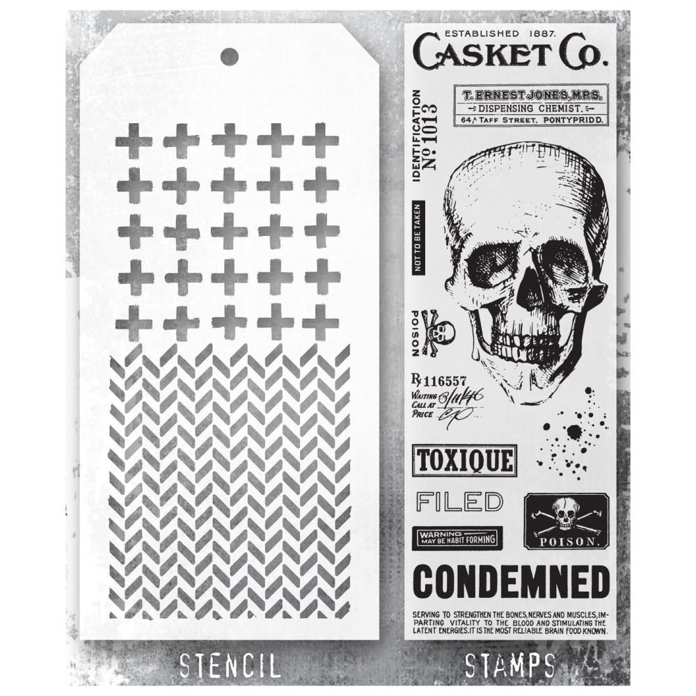 Tim Holtz Mixed-Media Stamps & Stencil Set THMM148: Rest In Peace, Herringbone and Plus
