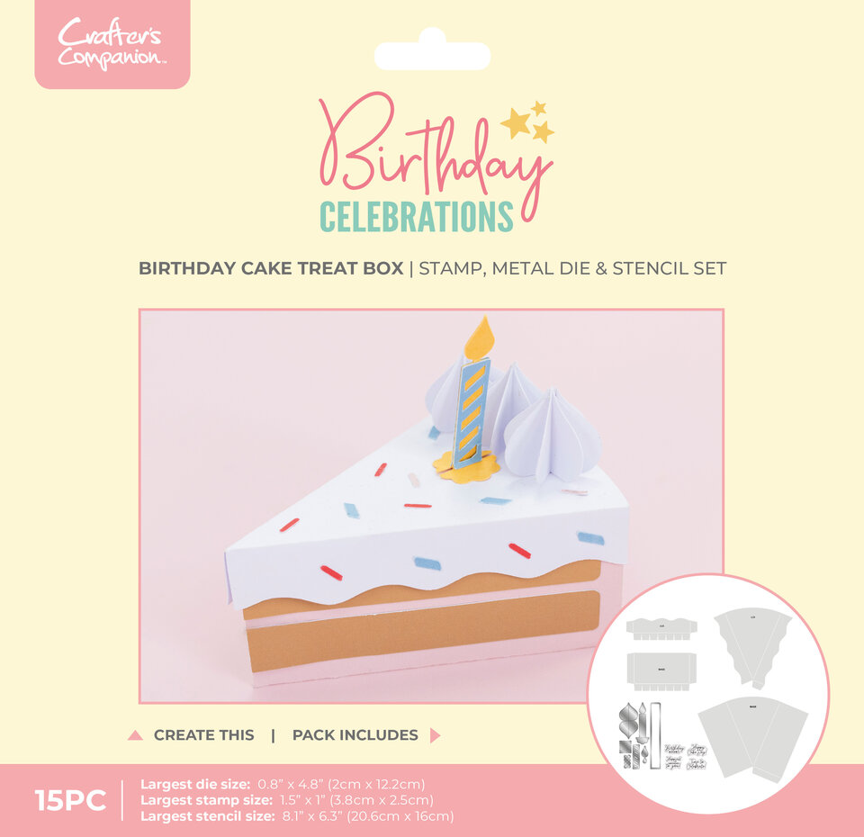Crafters Companion - Birthday Celebrations Stamp, Die and Stencil Birthday Cake Treat Box