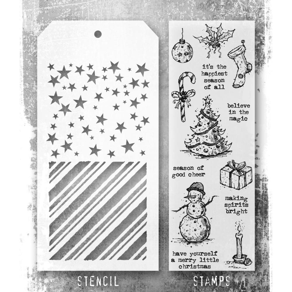Tim Holtz Mixed-Media Stamps & Stencil Set THMM190: Tattered Christmas, Peppermint, Falling Stars