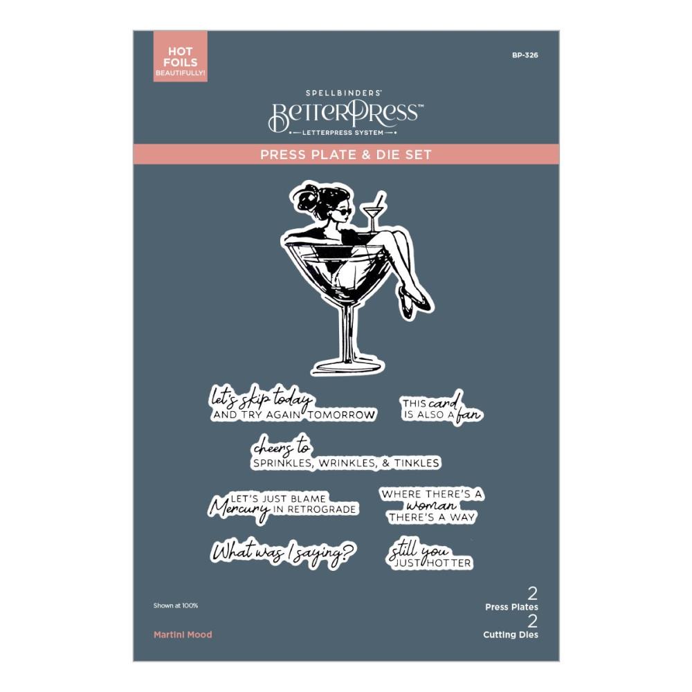 Spellbinders - BetterPress Plate & Die Set - Happier Hour, Martini Mood Sentiments 