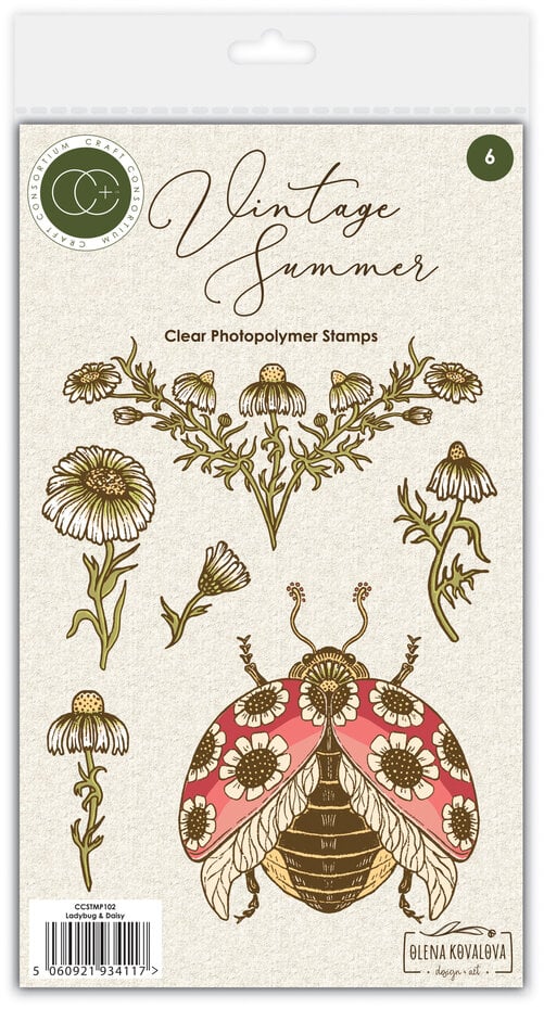 Craft Consortium - Vintage Summer A6 Clear Photopolymer Stamps Ladybug & Daisy by Olena Kovalova