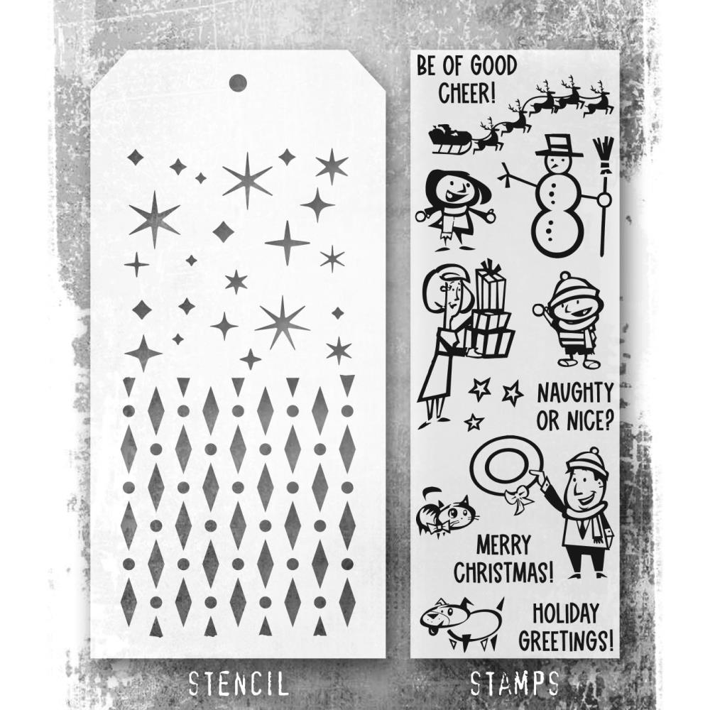 Tim Holtz Mixed-Media Stamps & Stencil Set THMM186: Christmas Cartoons, Diamond Dot, Twinkle